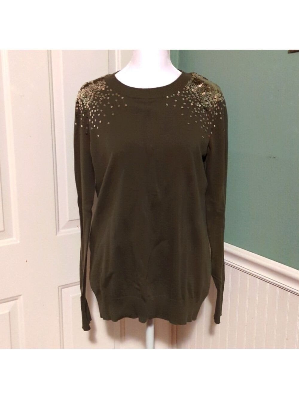 Express Army Green Sequin Long Sleeve Shirt Large